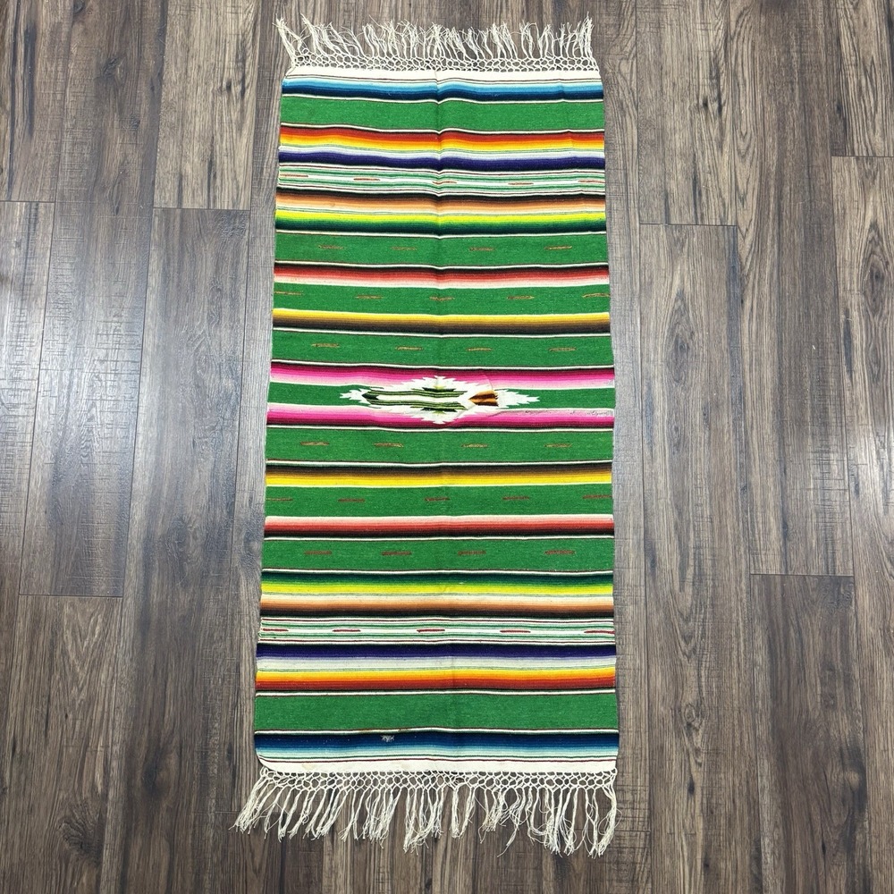 Antique Mexican Saltillo Southwest 22" x 48" Wool Weaving Stripes Green